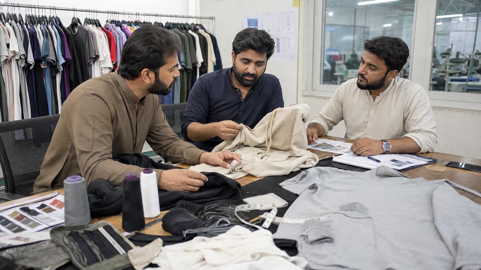 Supplier and sourcing team reviewing knitwear samples and construction