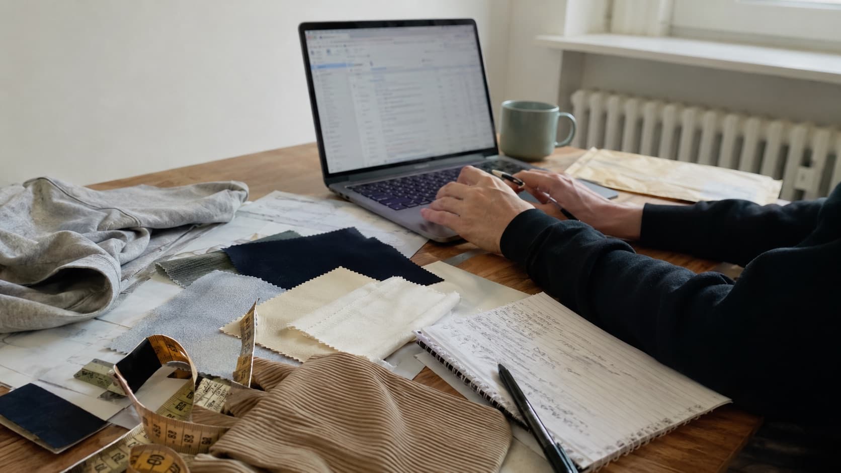 Buyer-side apparel sourcing review with fabric swatches and production notes in Germany