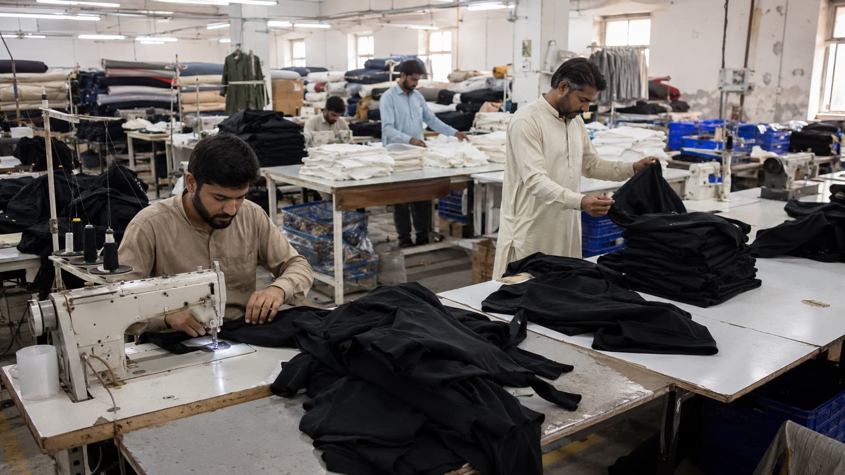 Garment production team sewing and inspecting knitwear in a Pakistan factory
