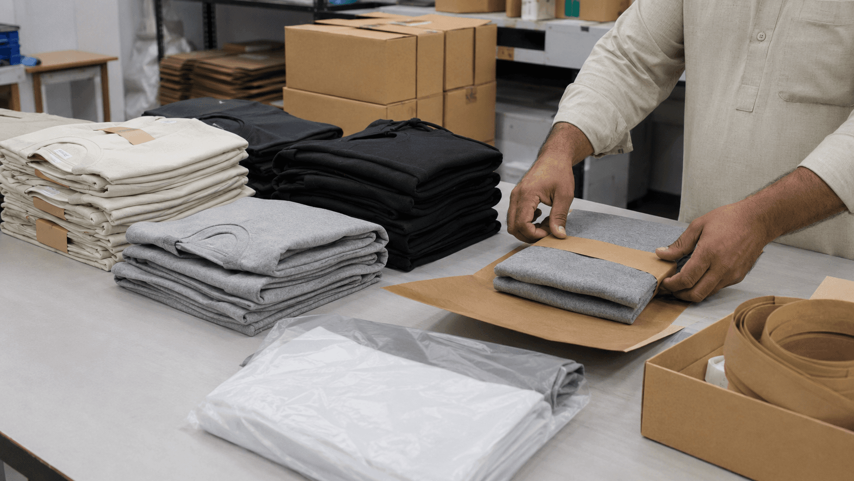 Knitwear being prepared with reduced paper-based packaging