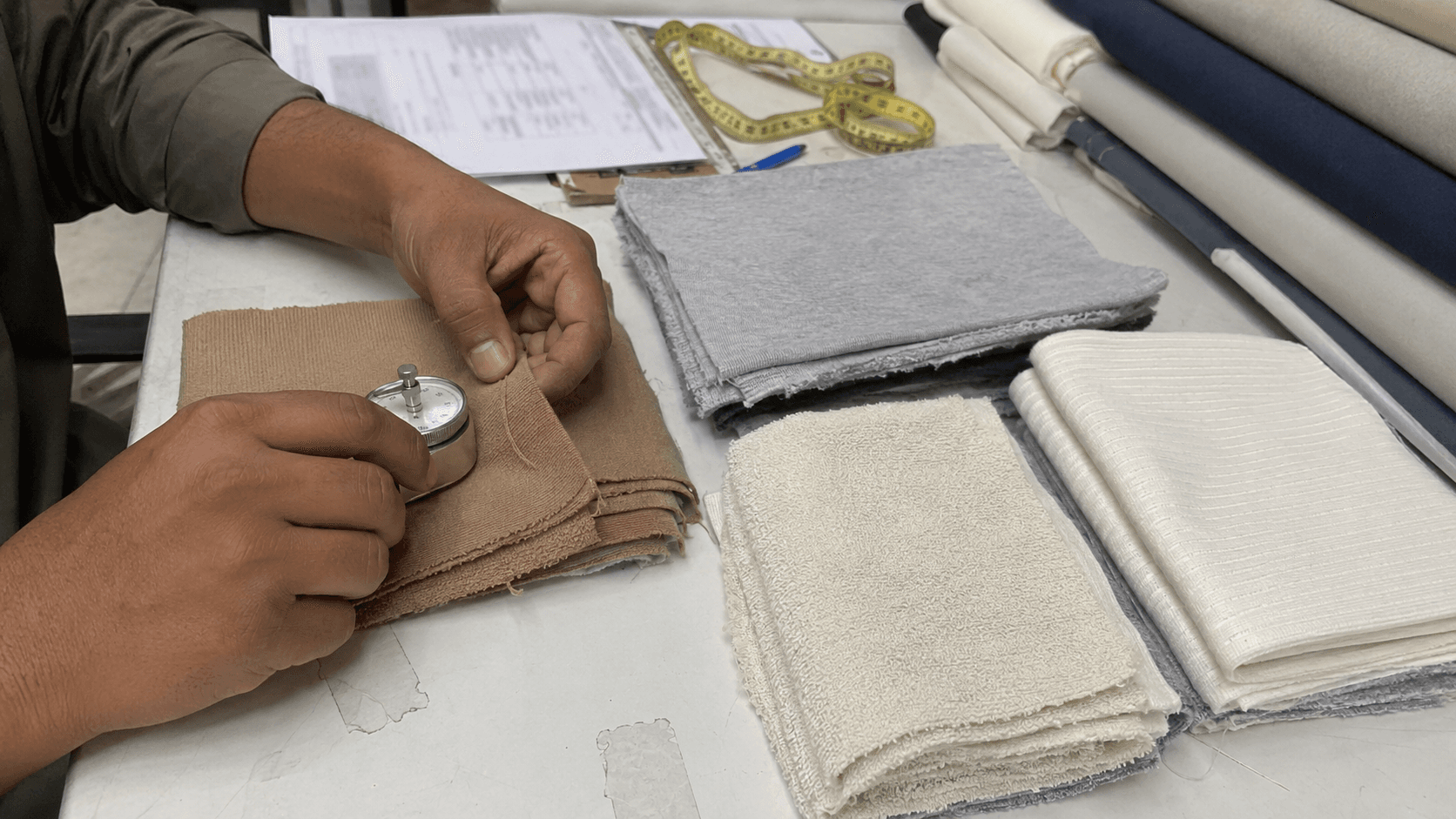 Technician checking the thickness and construction of knit fabric