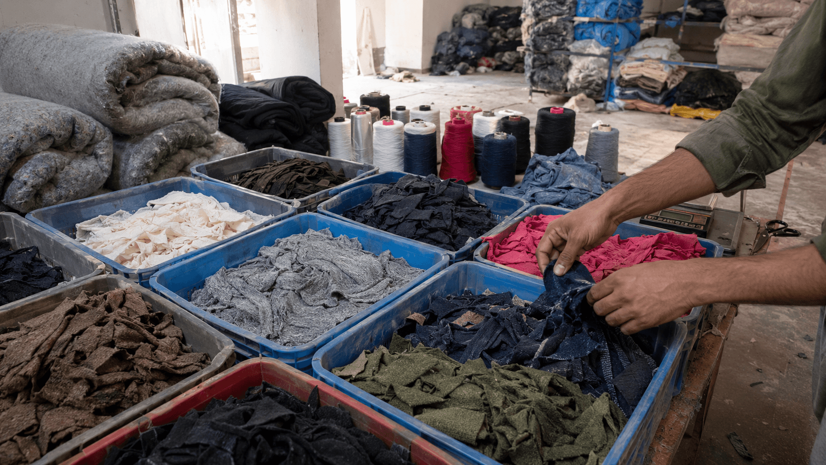 Textile offcuts separated by colour for recycling and reuse