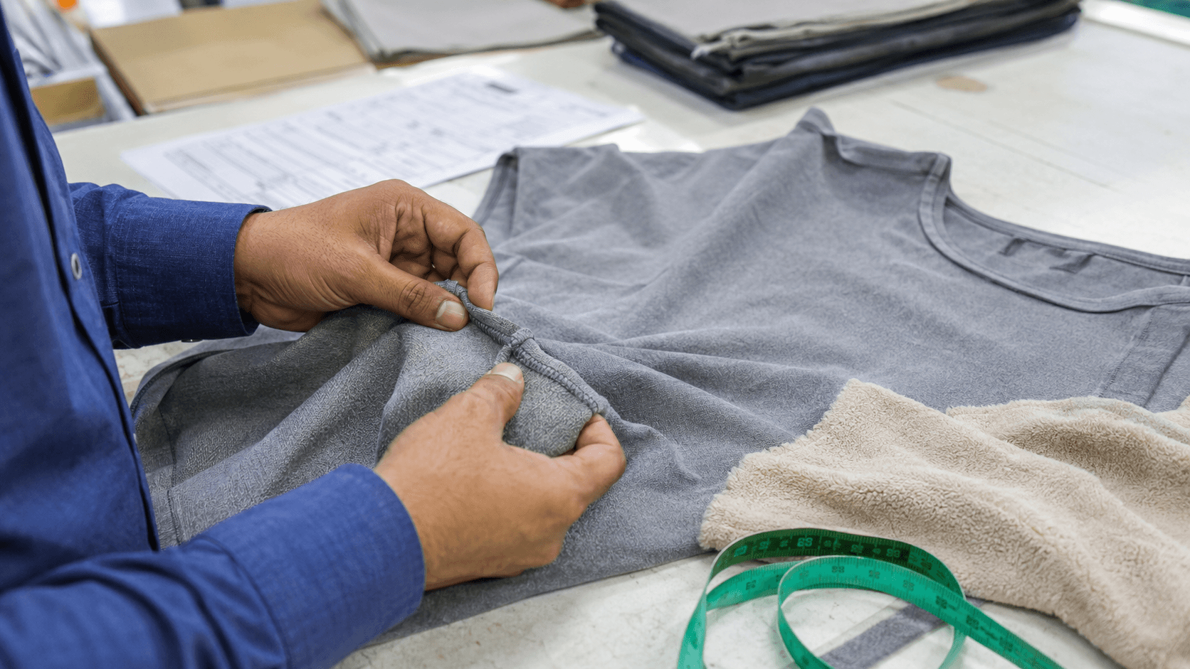 Quality technician inspecting knitwear stitching and construction