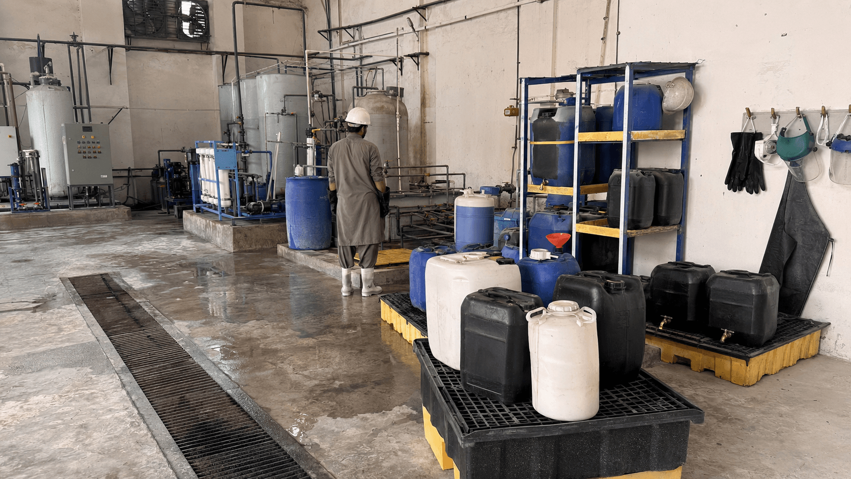 Worker monitoring a textile water treatment and chemical handling area
