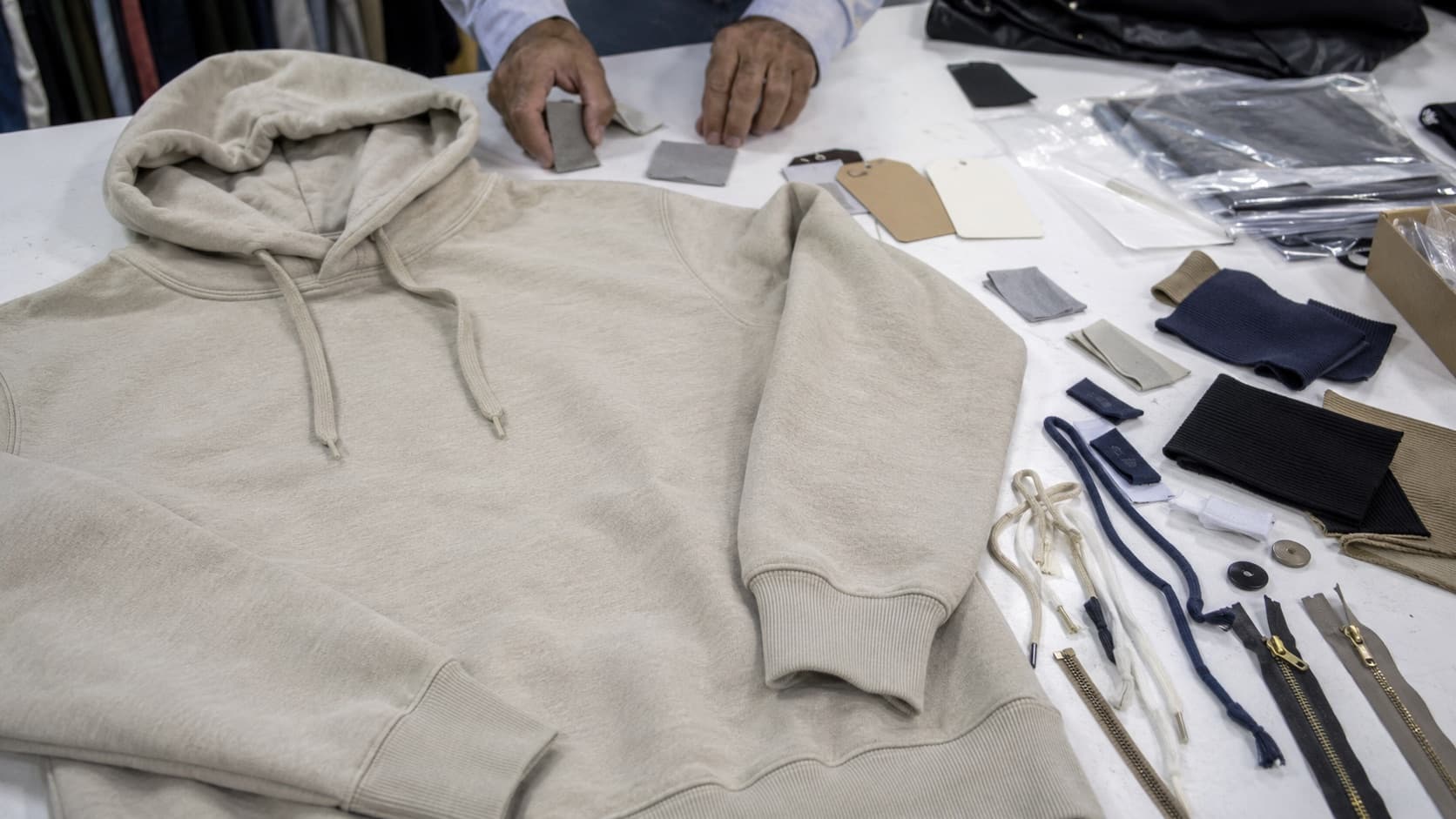 Hoodie sample with rib, drawcord, zipper, label and trim options